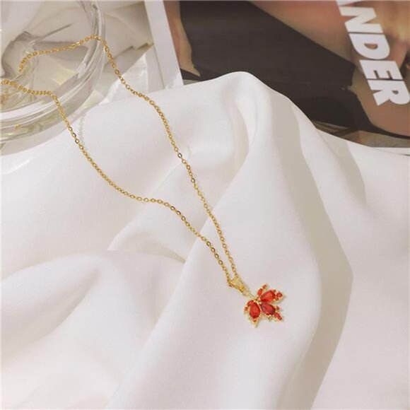 Crystal Maple Leaf Necklace | Sparkly Orange Red Pendant | Elegant Fall Jewelry - Picture 4 of 5